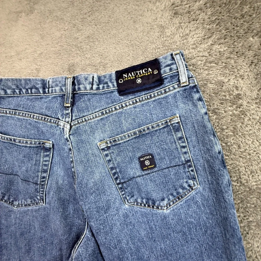Y2K Nautica Jeans Mens 34 Baggy Cropped Distressed Blue Denim 100% Cotton